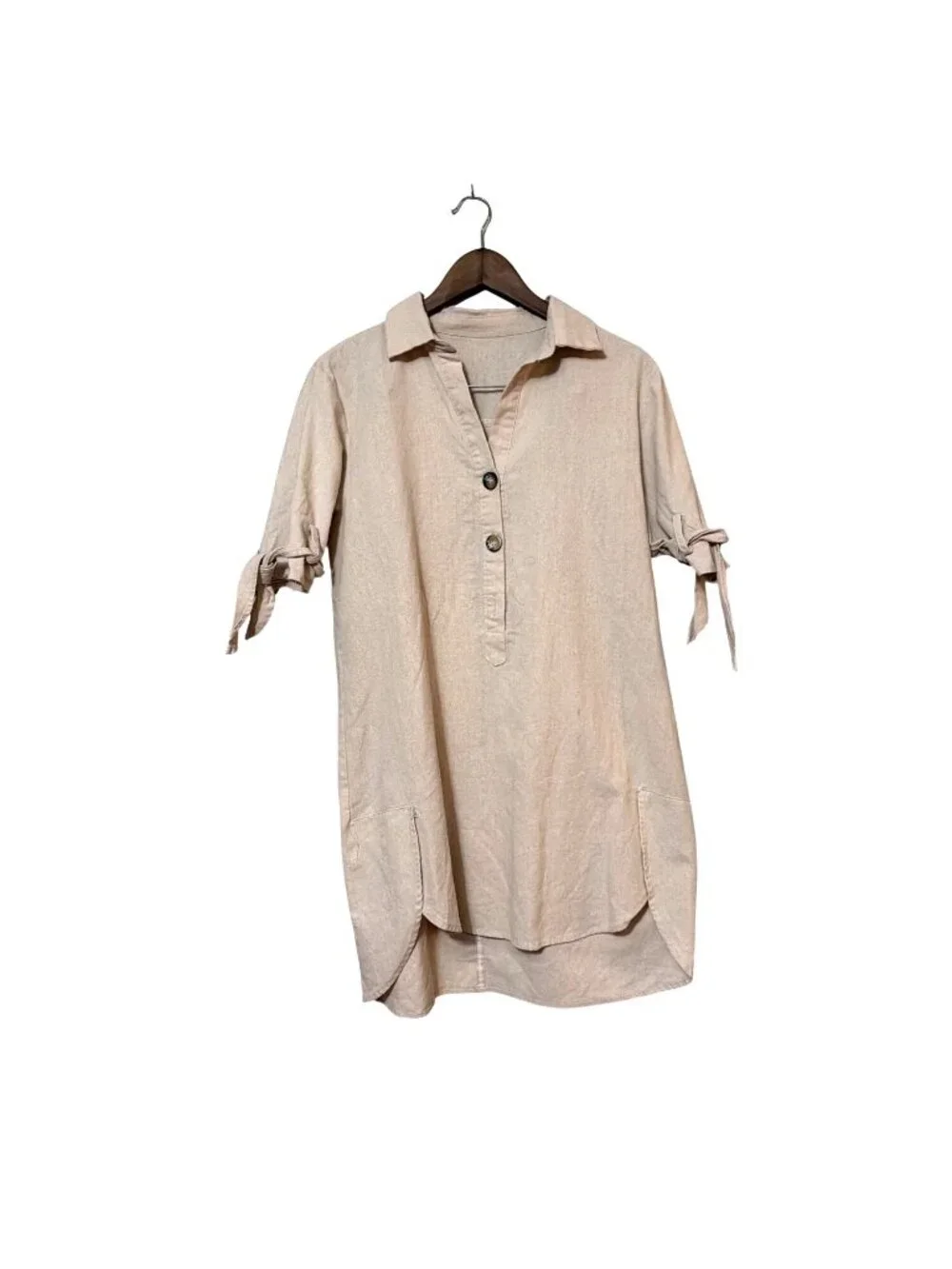 Beige Collared Button-Up Tunic Dress‎ With Tie Sleeves & High-Low Hem